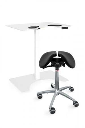 vit Höj och sänkbart skrivbord svart sadelstol