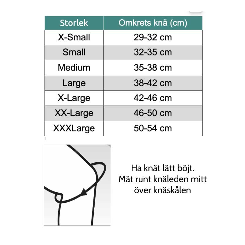 Storleksguide och måttabell för knäskydd CRX Patella Tendon för att välja rätt storlek för bästa funktion vid Morbus Osgood Schlatter, hopparknä, patellarsenetendinos och smärta i knäskålssenan.