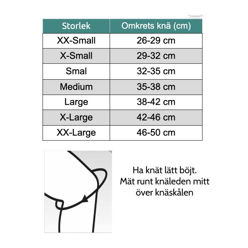 Storleksguide och måttabell för knäskydd NRX Patella Tendon för att välja rätt storlek för bästa funktion vid Morbus Osgood Schlatter, hopparknä, patellarsenetendinos och smärta i knäskålssenan.