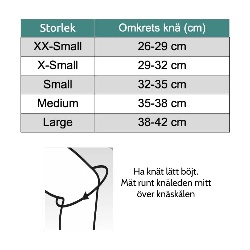 Storleksguide och måttabell för NRX Patellaband med pelott för att välja rätt storlek knäskydd för bästa funktion vid Morbus Osgood Schlatter, hopparknä, patellarsenetendinos och smärta i knäskålssenan.