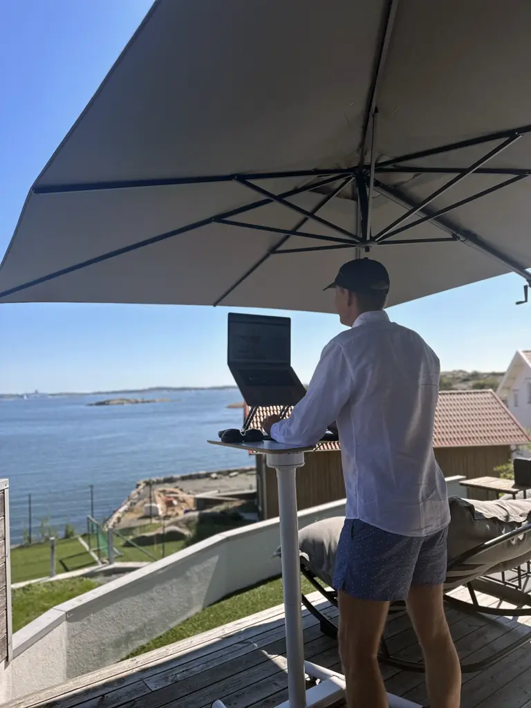 Testing pneumatic adjustable table for flexible ergonomic work.