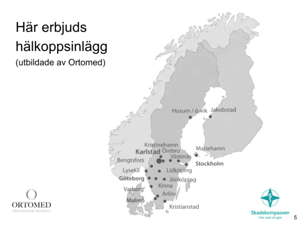 Karta över orter där hälkoppsinlägg erbjuds idag (vårdgivare som har gått hälkoppskursen av Ortomed) 