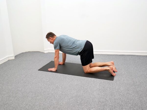 Person står på alla fyra med händer under axlar och knän under höfter.