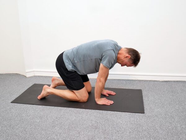 Person står på alla fyra med neutral rygg och händer under axlar.